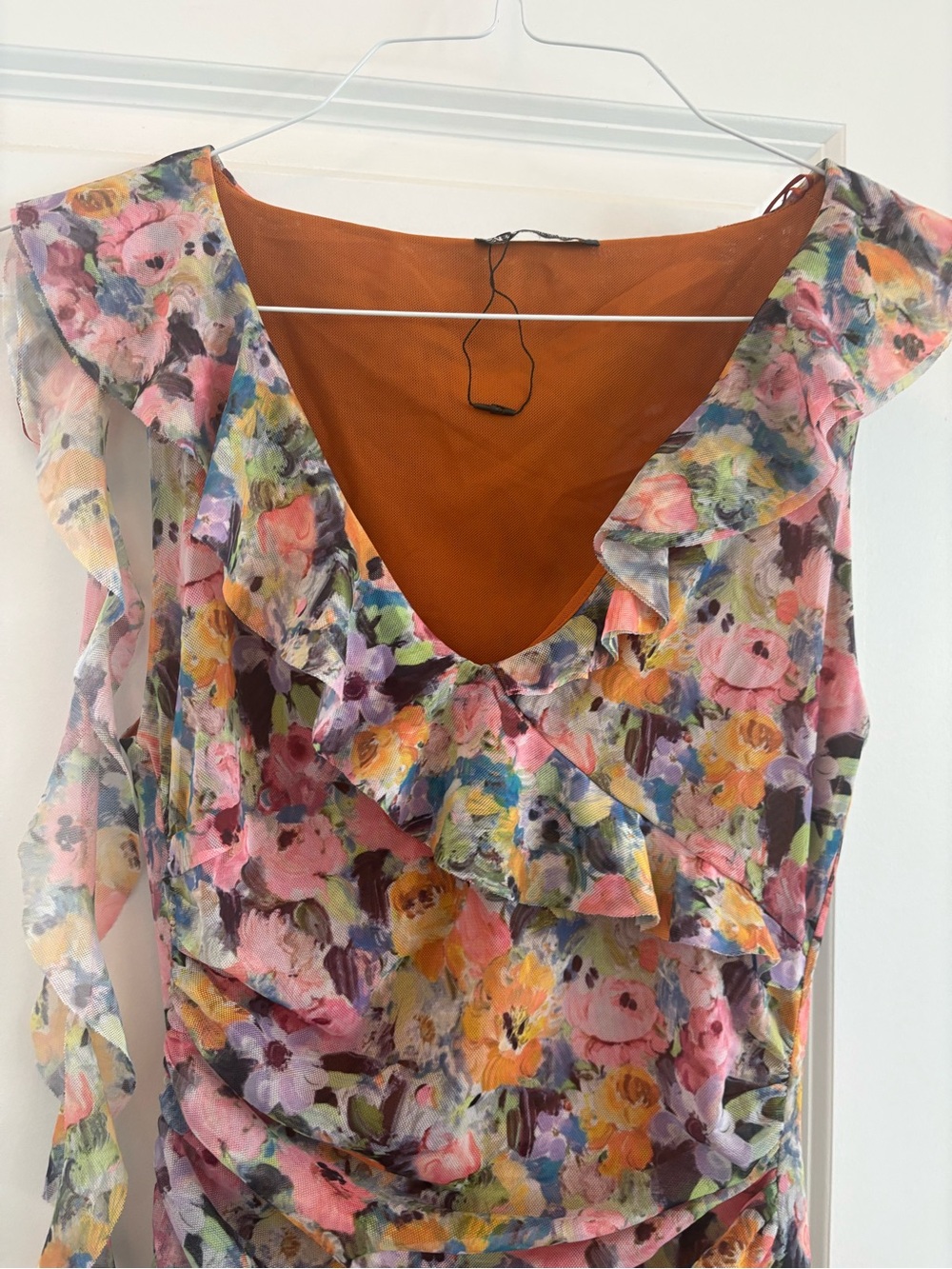 Zara Floral Ruched Asymmetrical Mini Dress Size Medium - Picture 7 of 9